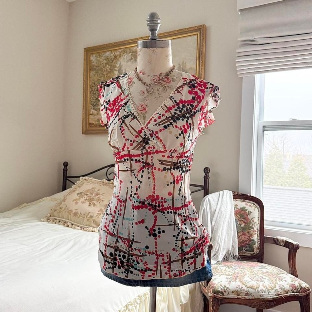 Y2K dmbm cream red polka dot flutter sleeve top size large